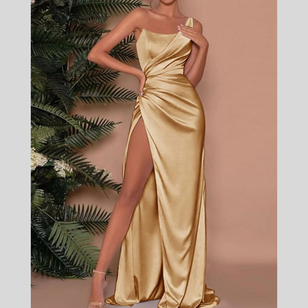 One-Shoulder Satin Maxi Dress with High Slit