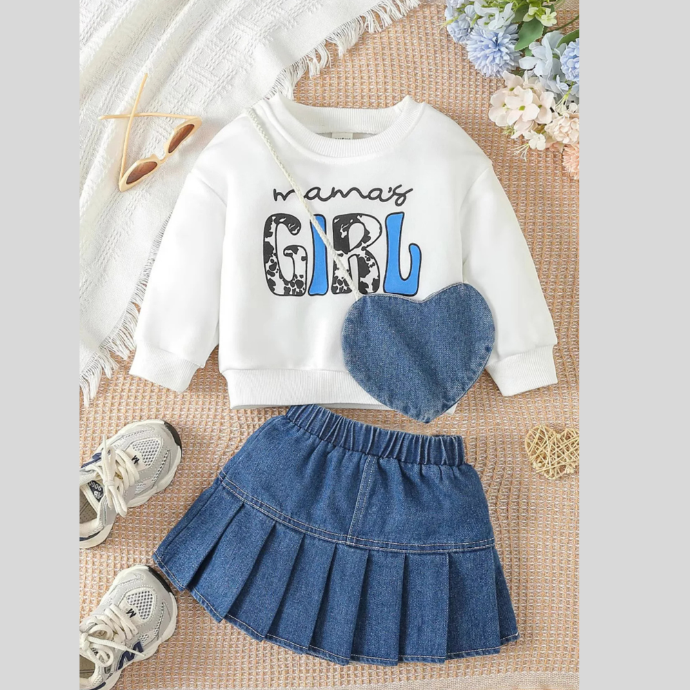 Children's Letter Long Sleeve Top and Denim Skirt Set with Heart Bag