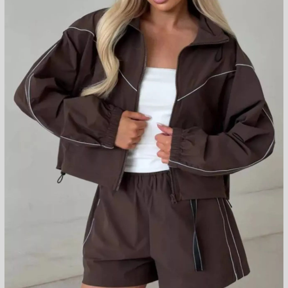 Drawstring Zip-Up Jacket and Shorts Set