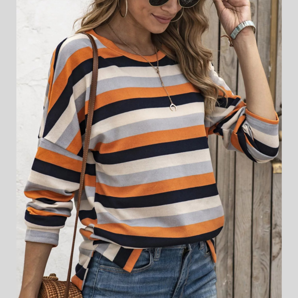 Full Size Casual Striped Long Sleeve Crew Neck Top Plus Size