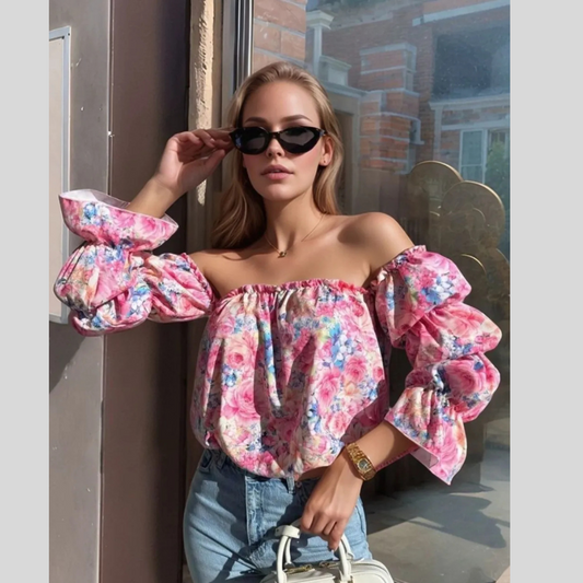 Printed Off-Shoulder Flounce Sleeve Blouse