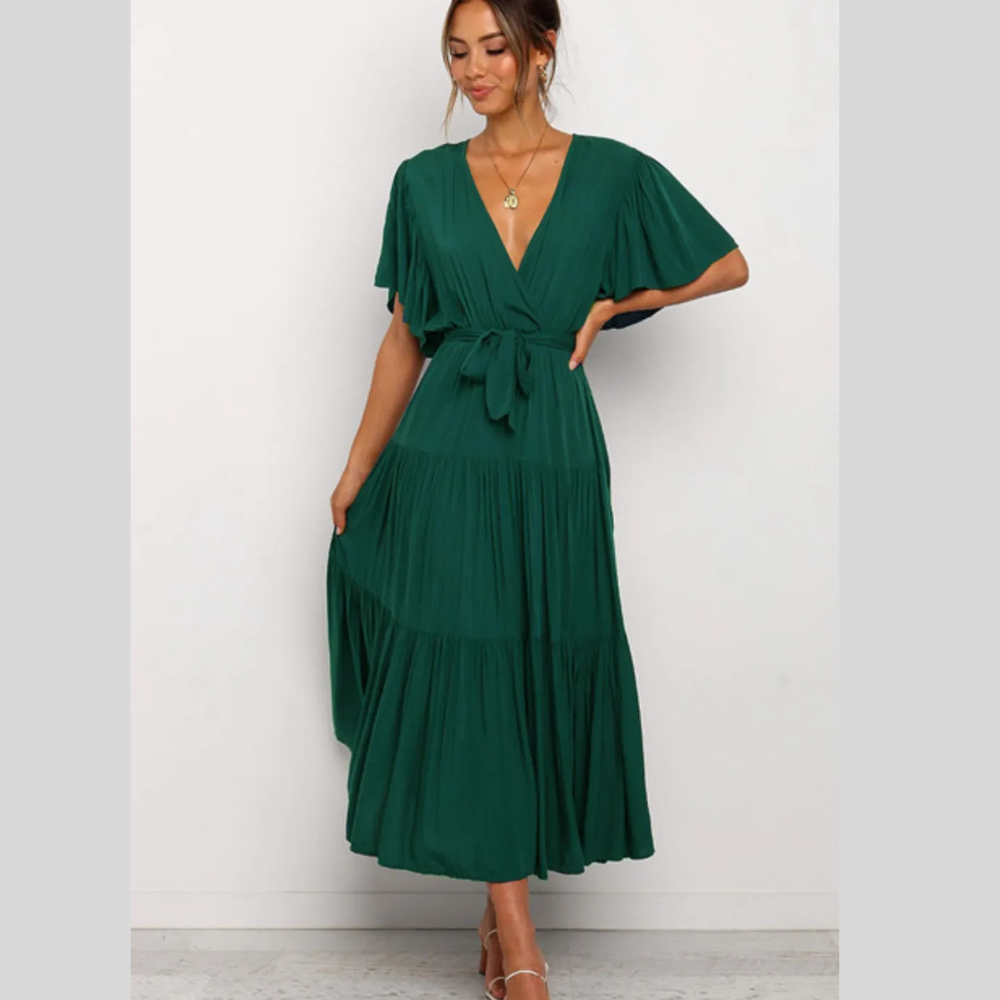 Front Tie Short Sleeve Tiered Midi Dress