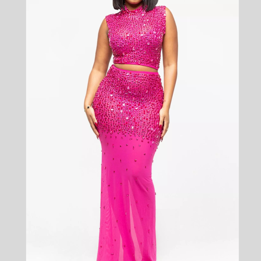 Rhinestone Sleeveless Top and Skirt Set