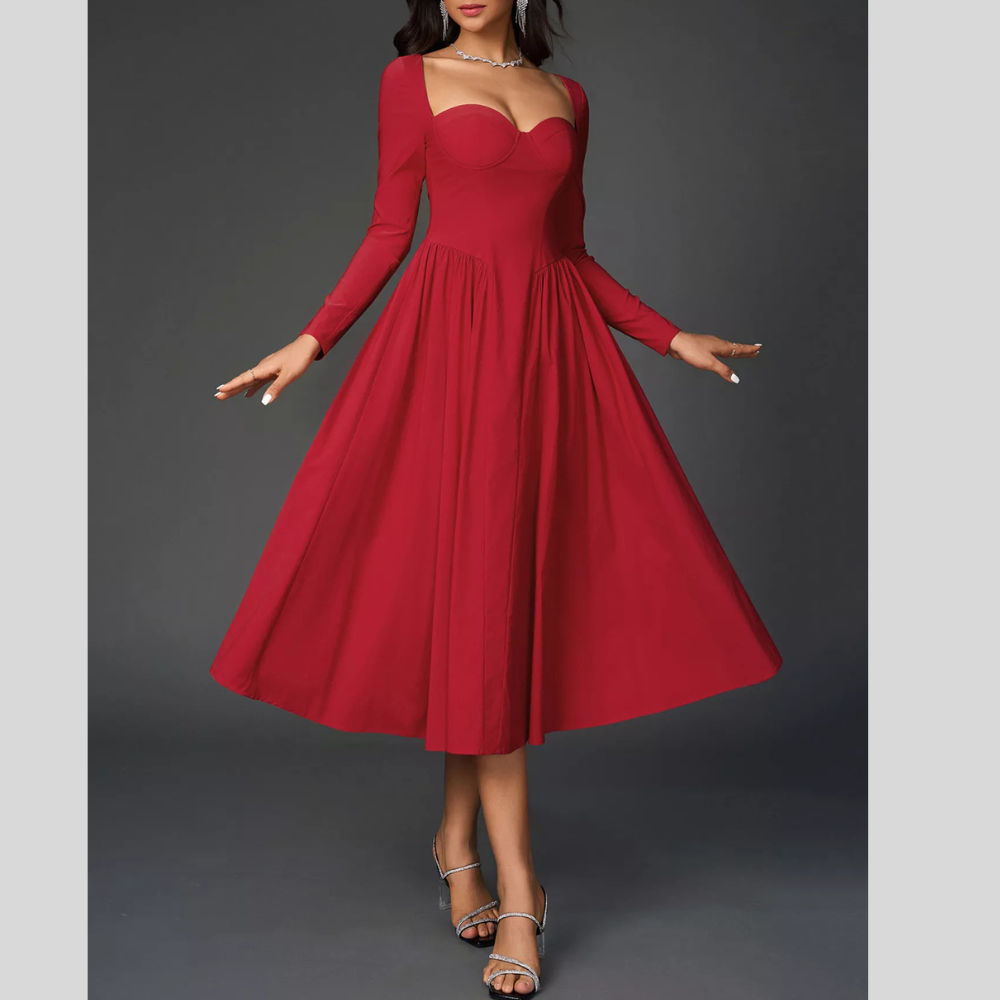 Sweetheart Neckline Long Sleeve A-Line Midi Dress