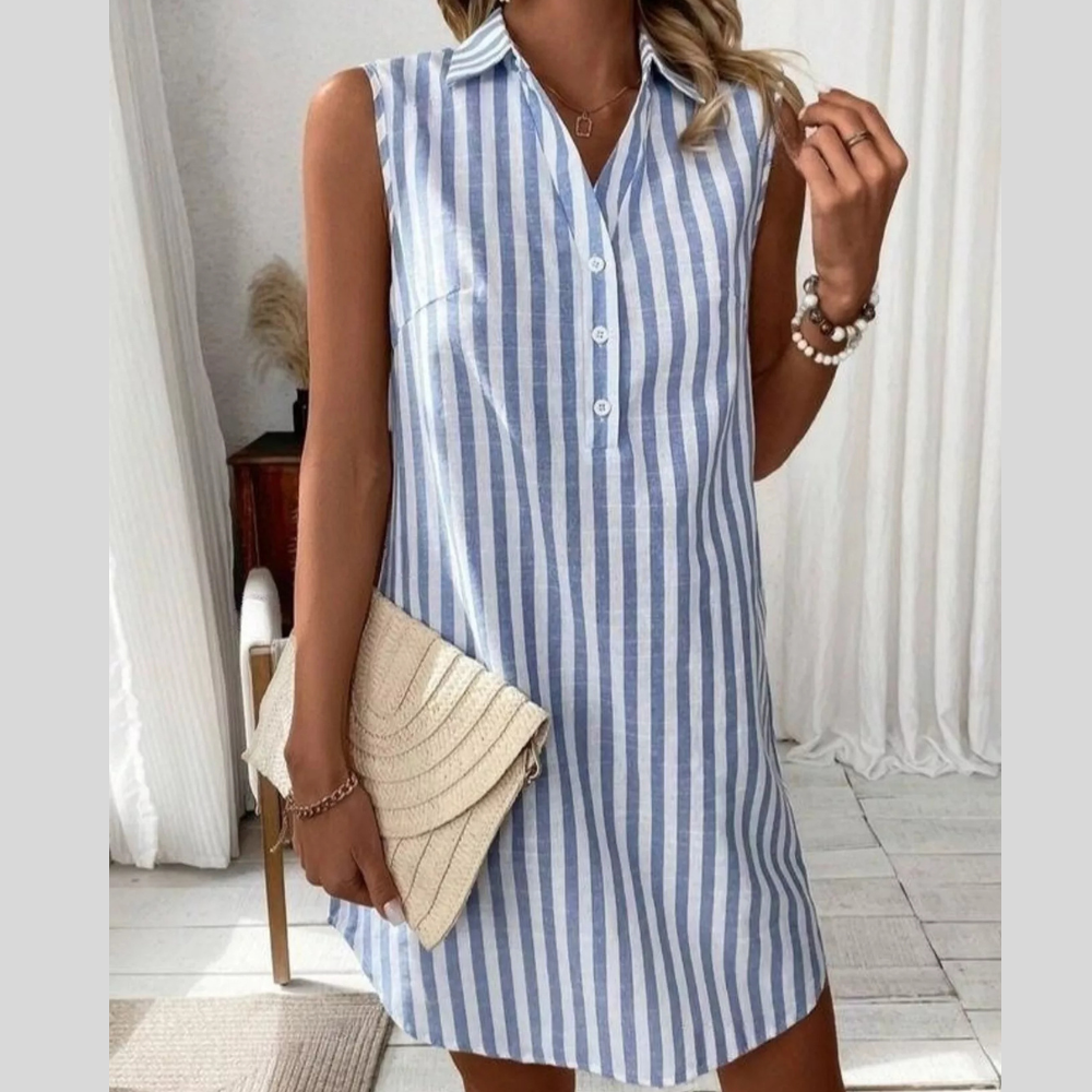 Sleeveless Striped Button Detail Shirt Dress
