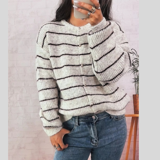 Striped knit button-front long sleeve cardigan