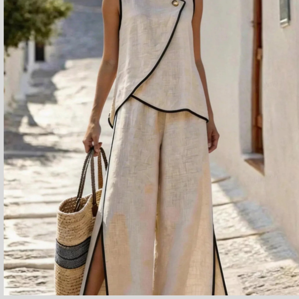 Contrast Trim Top and Slit Pants Set