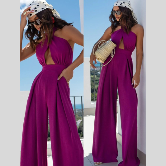 Wide Leg Cutout Halter Neck Jumpsuit