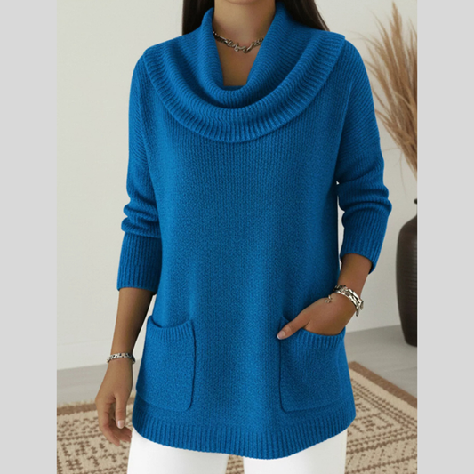 Full Size Cowl Neck Long Sleeve Sweater with Pockes Plus Size