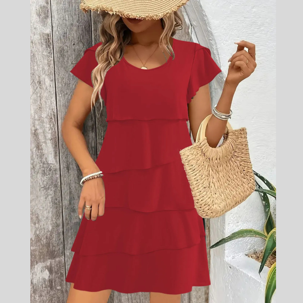 Casual Layered Round Neck Ruffled Sleeve Dress
