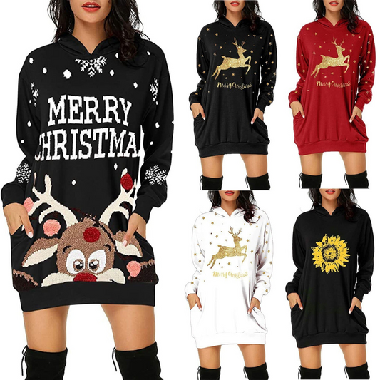 Christmas hot sale printed mid length pocket hooded long sleeved sweater