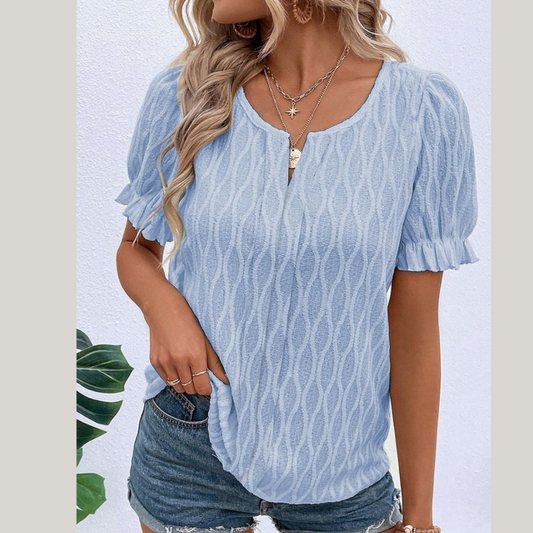Texture Notched Short Sleeve Blouse
