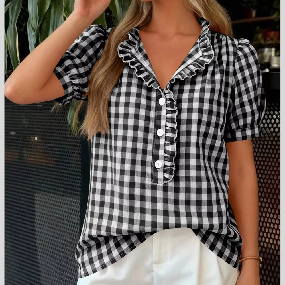 Gingham Button Front Puff Sleeve Blouse