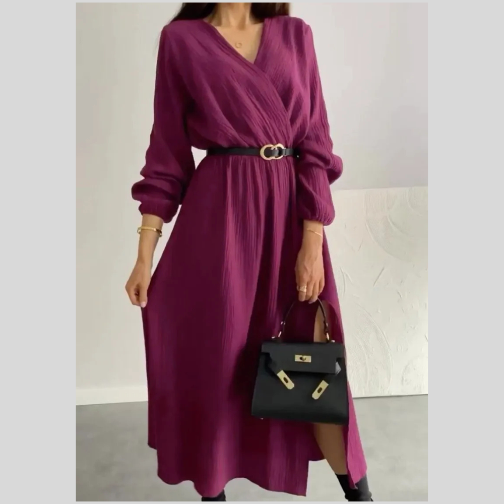 Fashion Long Sleeve Solid Color Waist Tight Dress
