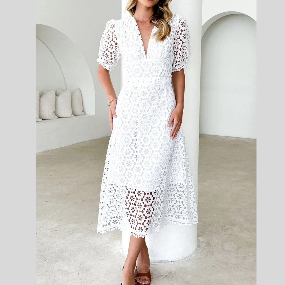 Eyelet Lace V-Neck Midi Dress with Puff Sleeves