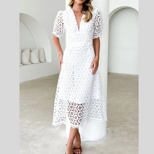 Eyelet Lace V-Neck Midi Dress with Puff Sleeves