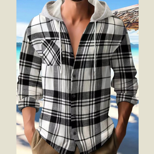 Men's Full Size Plaid Button Up Long Sleeve Hooded Top Plus Size