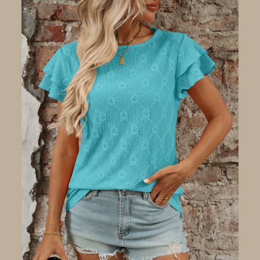 Eyelet Round Neck Double Layered Ruffled Short Sleeve Top