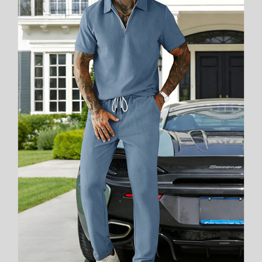 Men's Full Size Casual Zipper Polo Shirt and Drawstring Pants Set Plus Size