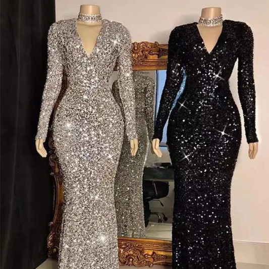 Elegant Long Sleeve Sequin Gown for Evening Parties