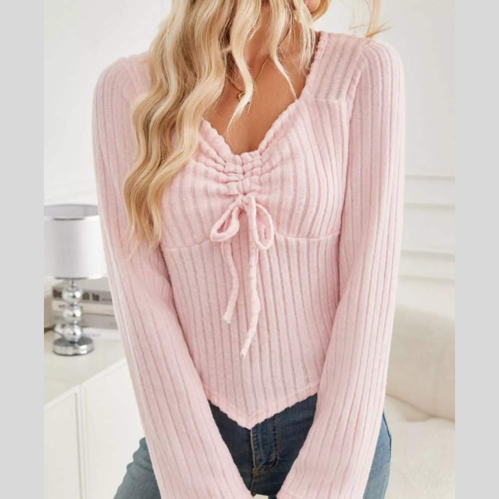 Ribbed Knit Drawstring Long Sleeve T-Shirt