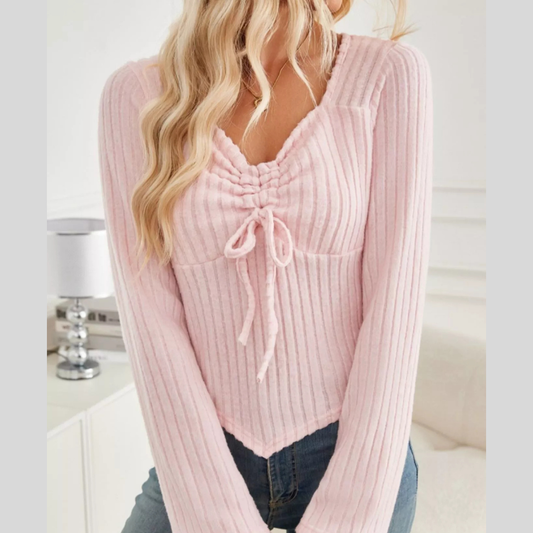Ribbed Knit Drawstring Long Sleeve T-Shirt