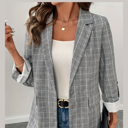 Single-Breasted Lapel Collar Plaid Blazer