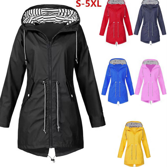 Womens Waterproof Raincoat Casual Basic Outdoors Drawstring Trench Lightweight Drawstring Jackets Hiking Clothes For Women