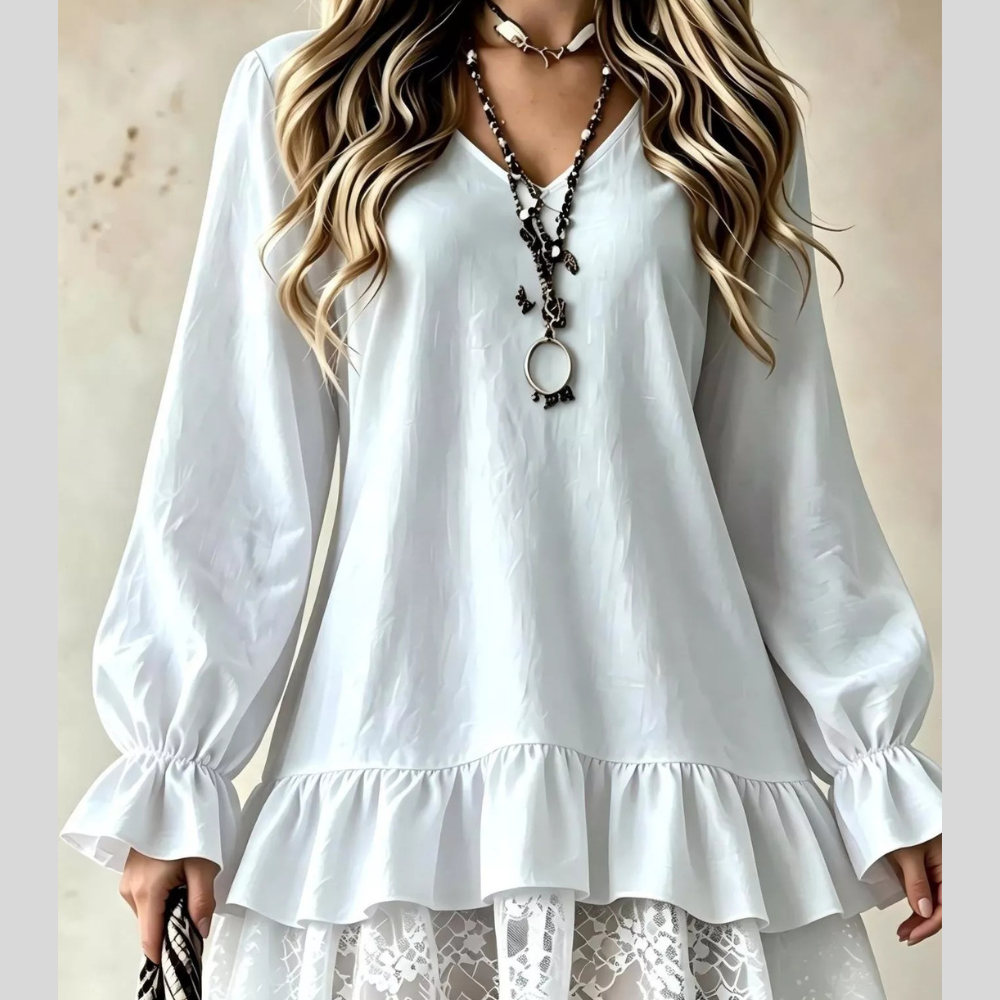 V-Neck Long Sleeve Ruffle Hem Lace Trim Mini Dress