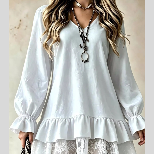 V-Neck Long Sleeve Ruffle Hem Lace Trim Mini Dress