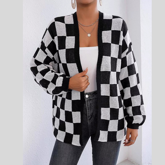 Checkerboard Pattern Open Front Knit Cardigan