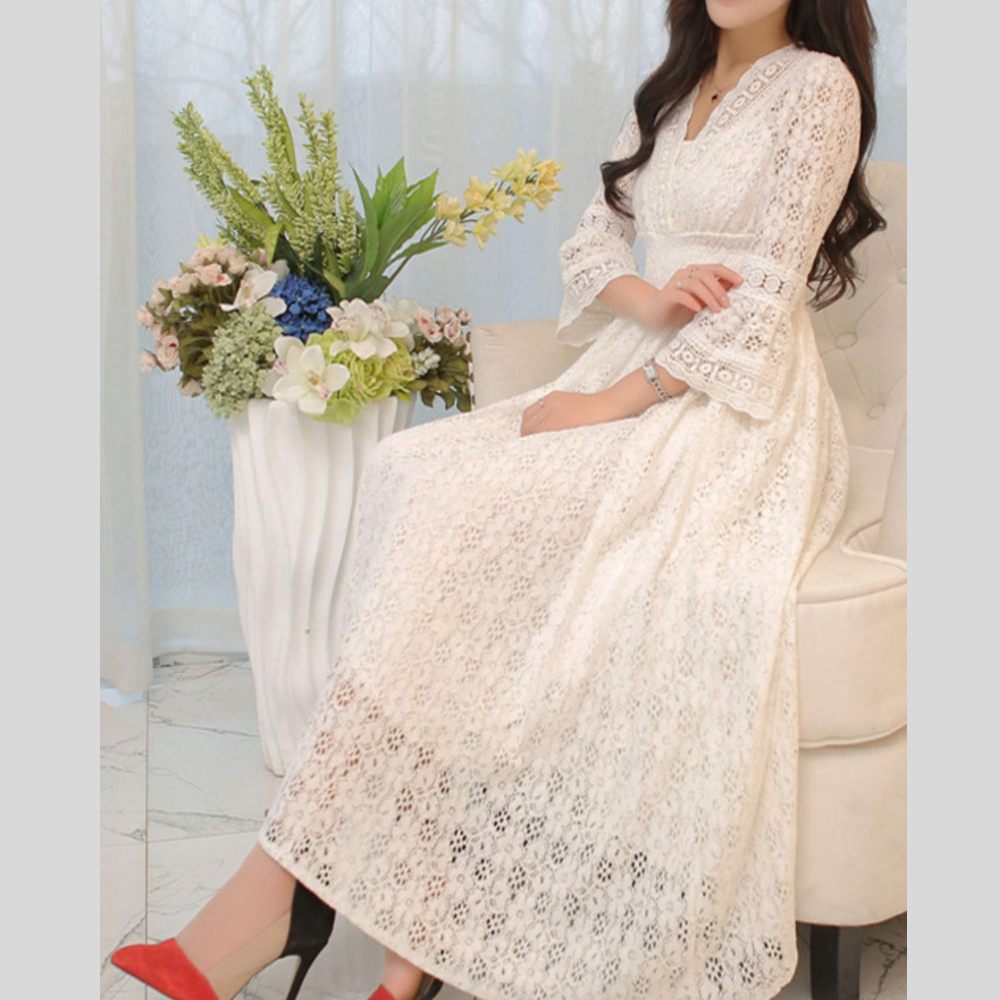 Lace 3/4 Sleeve Midi Dress