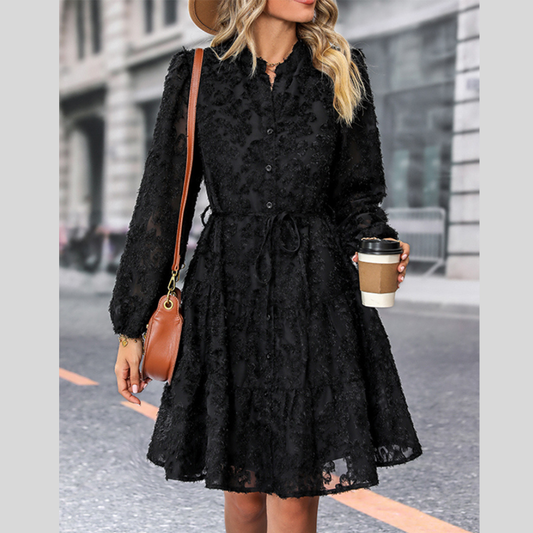Perfee V-Neck Long Sleeve Buttoned Dress