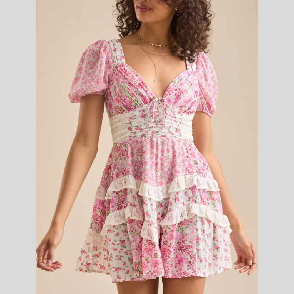 Floral Puff Sleeve Tiered Mini Dress