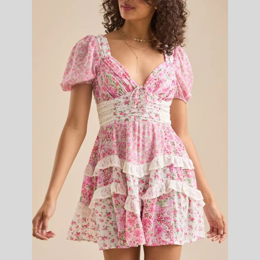 Floral Puff Sleeve Tiered Mini Dress