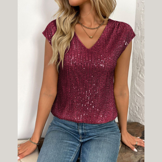 Sequin V-Neck Cap Sleeve Top