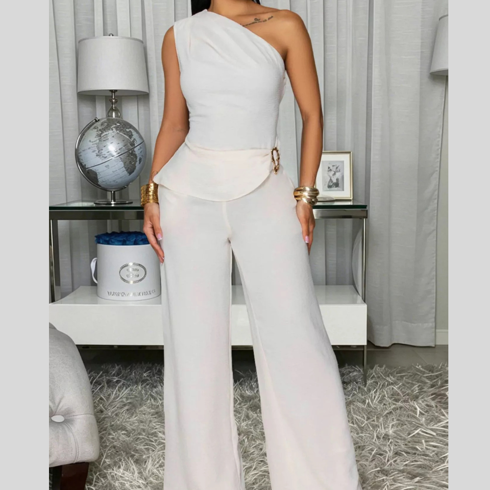 One-Shoulder Top and Wide-Leg Pants Set
