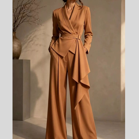 Full Size Belted Blazer and Wide-Leg Pants Set Plus Size