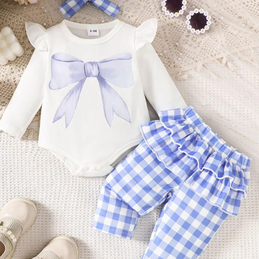 Children's Ruffled Bow Graphic Bodysuit and Pants Set with Headband