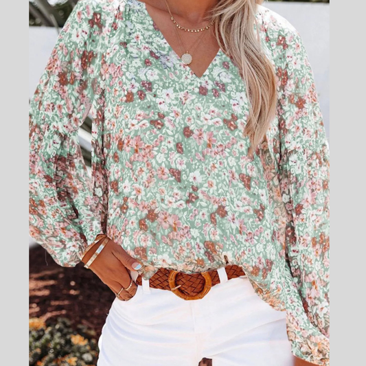 Full Size Floral Print V-Neck Long Sleeve Blouse Plus Size