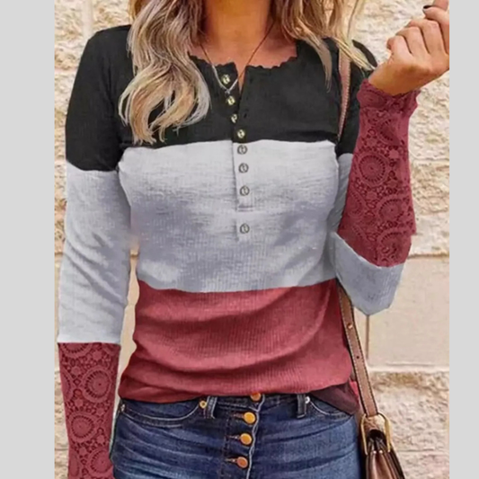 Color Block Lace Detail Half Button T-Shirt