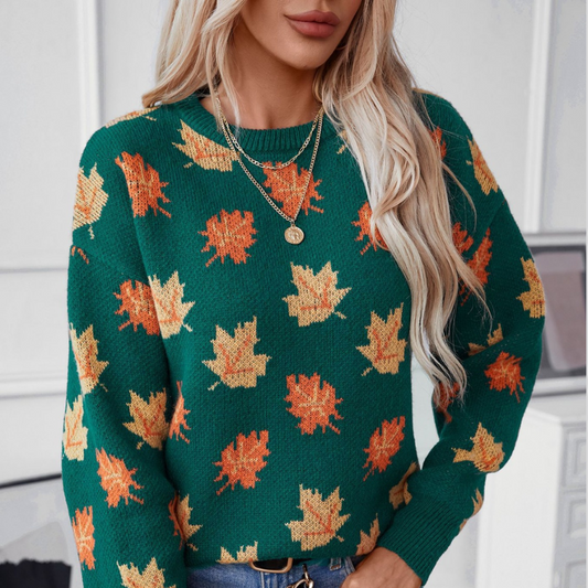 Maple Leaf Round Neck Long Sleeve Sweater