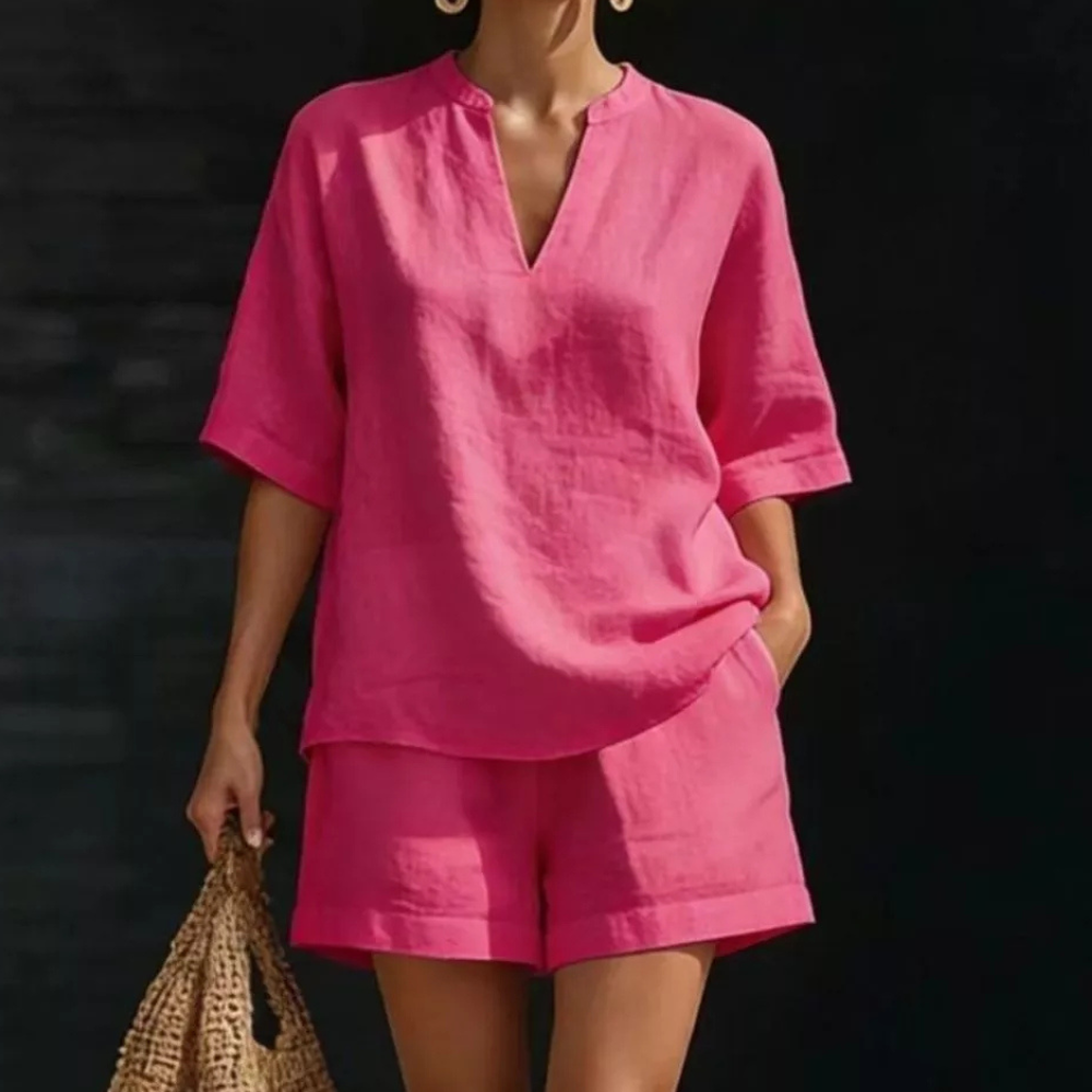 Notched Half Sleeve Top and Shorts Set