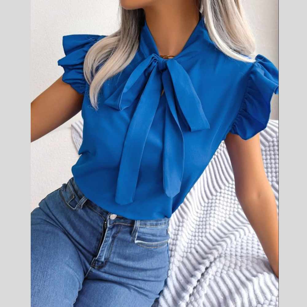 Ruffle Cap Sleeve Bow Tie Blouse