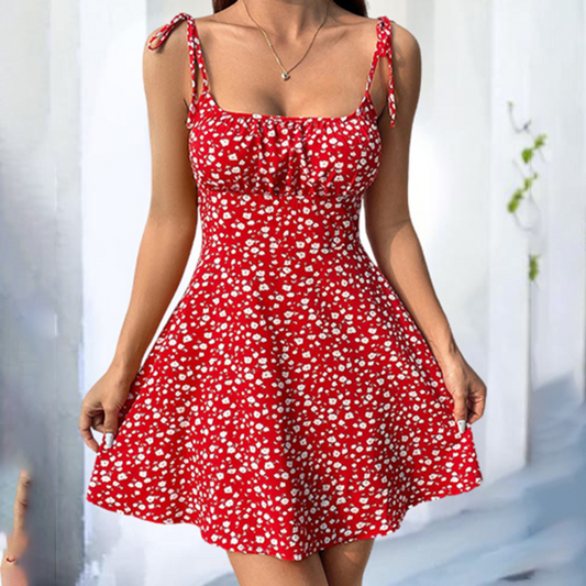Womens Floral Mini Dress Spaghetti Strap Sleeveless Tie Shoulder Ruffle Summer Boho Dresses-FREE USA SHIPPING