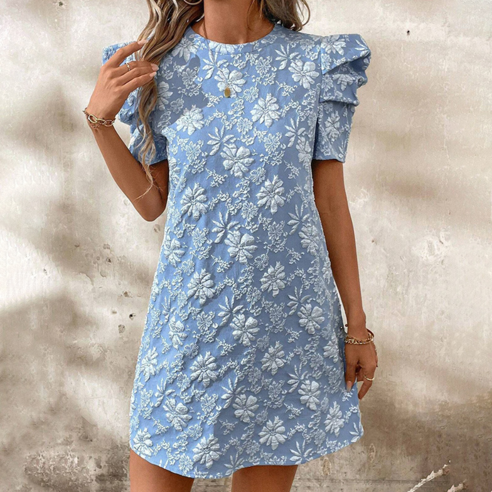 Women's Puff Sleeve A-Line Mini Dress Crew Neck Floral Casual Summer Dress-FREE USA SHIPPING
