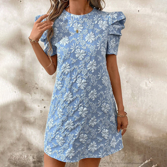 Women's Puff Sleeve A-Line Mini Dress Crew Neck Floral Casual Summer Dress-FREE USA SHIPPING