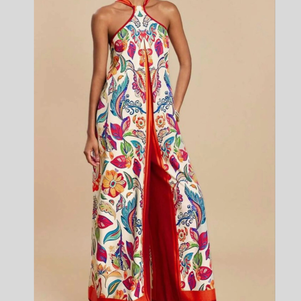 Printed Halter Wide-Leg Jumpsuit
