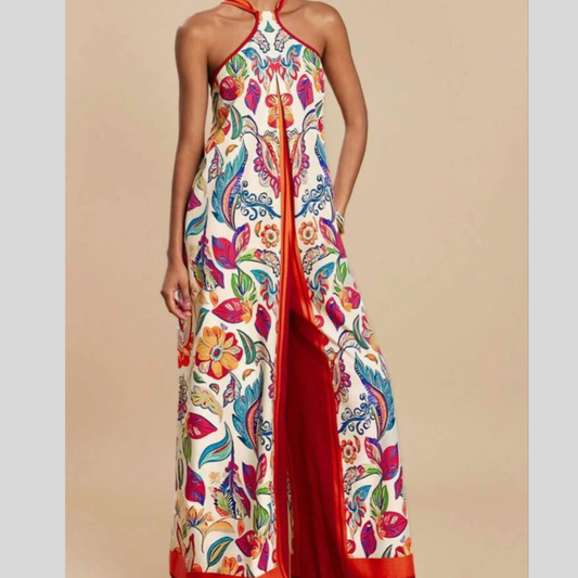Printed Halter Wide-Leg Jumpsuit