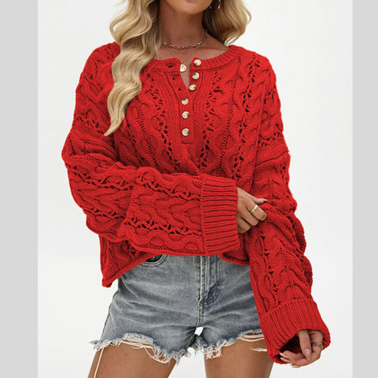 Chic Cable Knit Half-Button Openwork Sweater